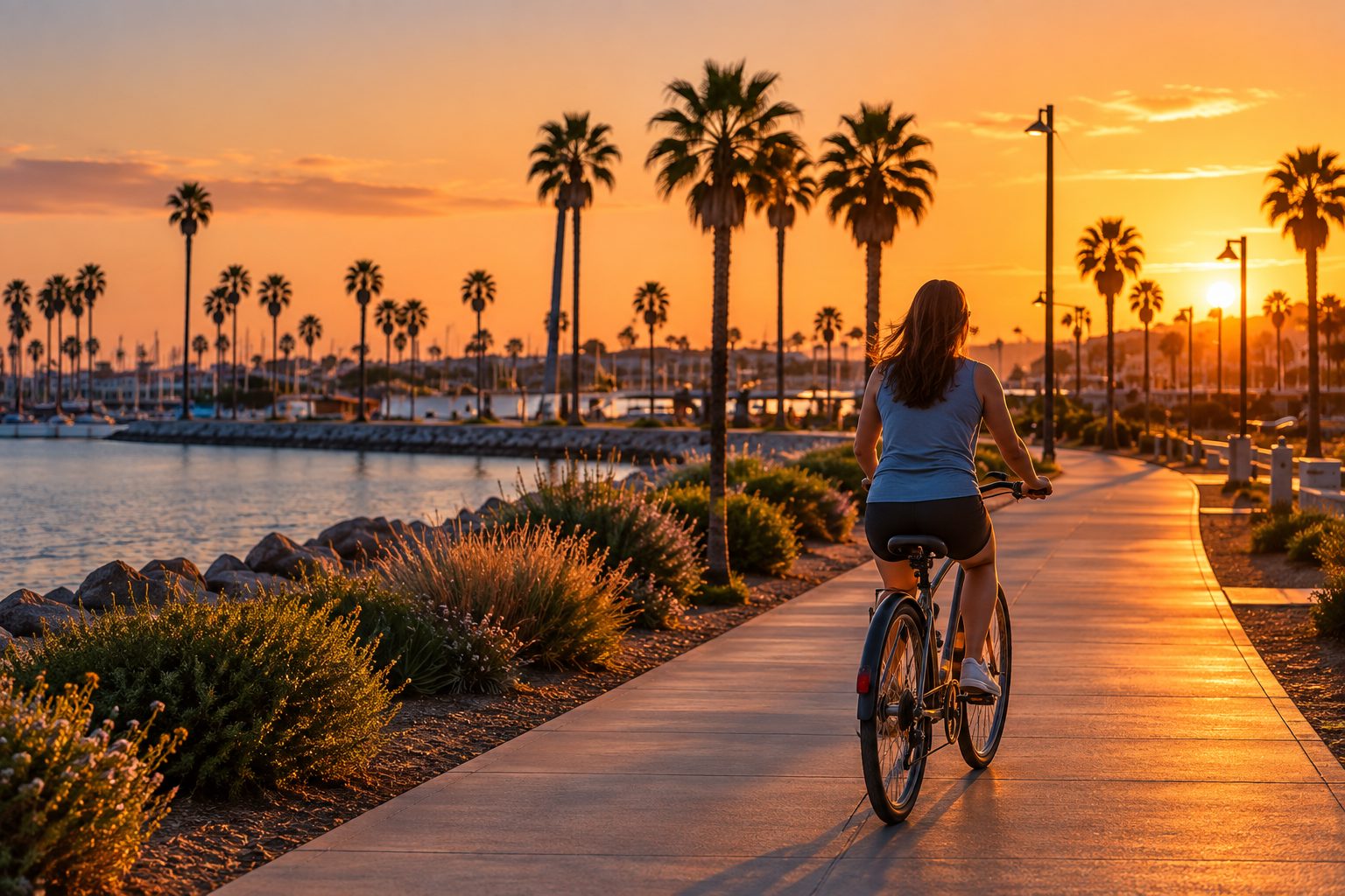 A cyclist riding away along a waterfront path at sunset, palm trees lining the route and moored boats on the water to the left.